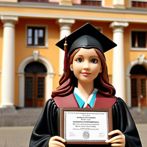 Home 4 **
A detailed, hand-painted polymer clay figurine of a woman, around 15cm tall, dressed in graduation robes and holding a diploma. The figurine should be placed on a small, wooden display stand. The background should be a softly blurred image of the Warsaw University main building. Style: Realistic, with warm, inviting colors.
**
