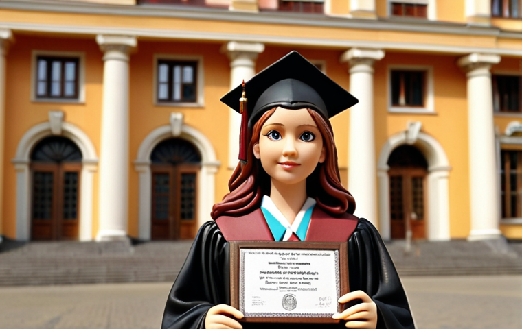 **
A detailed, hand-painted polymer clay figurine of a woman, around 15cm tall, dressed in graduation robes and holding a diploma. The figurine should be placed on a small, wooden display stand. The background should be a softly blurred image of the Warsaw University main building. Style: Realistic, with warm, inviting colors.
**