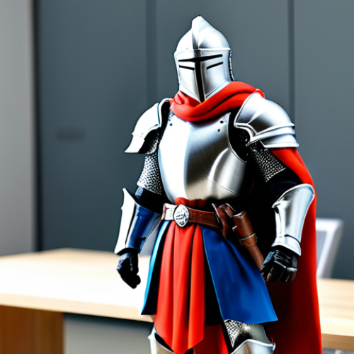 Home 14 A vibrantly colored, action-oriented PVC figure of a fantasy knight, standing on a minimalist, light wooden desk. The figure is robust and durable, with smooth, well-defined surfaces and clear, but not overly intricate, details on its armor and helmet. The background is a subtly blurred, modern office setting, implying casual display. Professional studio lighting, sharp focus on the figure, safe for work, appropriate content, fully clothed, family-friendly, perfect anatomy, correct proportions, natural pose, professional photography, high quality.