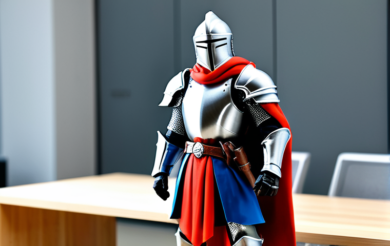 A vibrantly colored, action-oriented PVC figure of a fantasy knight, standing on a minimalist, light wooden desk. The figure is robust and durable, with smooth, well-defined surfaces and clear, but not overly intricate, details on its armor and helmet. The background is a subtly blurred, modern office setting, implying casual display. Professional studio lighting, sharp focus on the figure, safe for work, appropriate content, fully clothed, family-friendly, perfect anatomy, correct proportions, natural pose, professional photography, high quality.